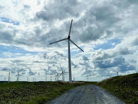 宗谷丘陵・風力発電所03 宗谷,丘陵,白い道の写真素材