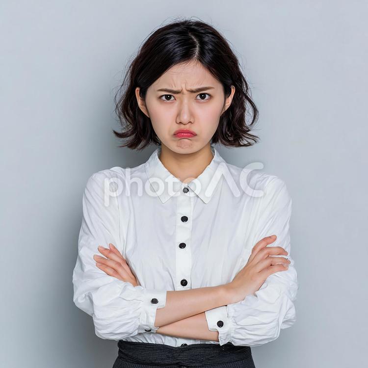 オフィスでの不満を表す女性の姿 女性,日本人,オフィスの写真素材