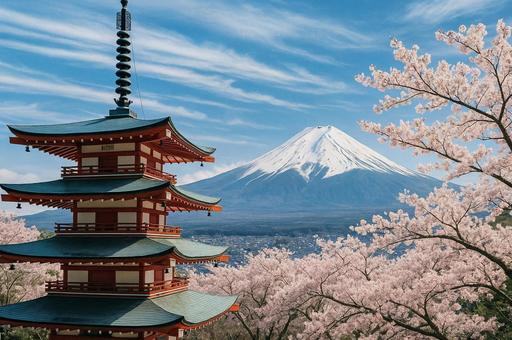 五重塔と富士山と満開の桜 五重塔と富士山と満開の桜の写真