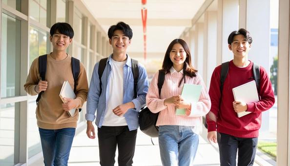 キャンパスライフを楽しむ大学生の写真