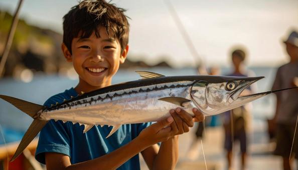 太刀魚釣りで笑顔の日本人の男の子 太刀魚釣りで笑顔の日本人の男の子の写真