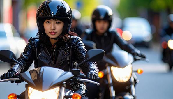 オートバイを運転する女性ライダー オートバイを運転する女性ライダーの写真