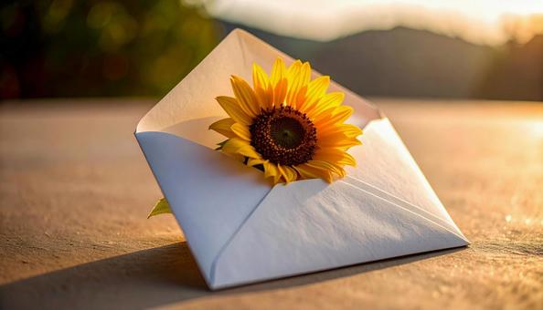 暑中見舞い 白い封筒に小さなヒマワリの花 暑中見舞い 白い封筒に小さなヒマワリの花の写真
