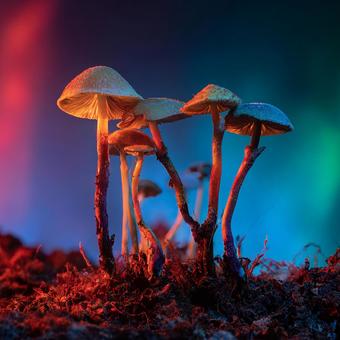 カラフルな光が漏れるきのこの傘の写真