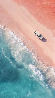 休暇の象徴:美しいビーチと一台の車 休暇の象徴:美しいビーチと一台の車の写真