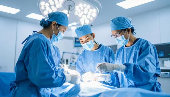 手術室で医師チームが手術で執刀している 手術室で医師チームが手術で執刀しているの写真