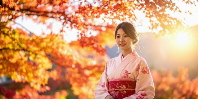 紅葉の美しい秋の並木道　川の写真