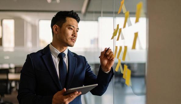 企画提案の為のブレストをする男性の写真