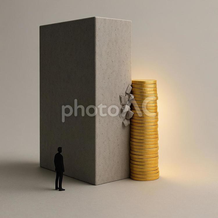 壁の向こうに積まれた黄金 壁,コンクリート,金貨の写真素材