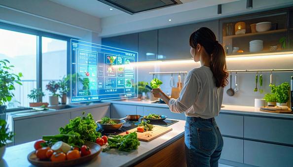 ホログラムレシピを見ながら料理する女性 ホログラムレシピを見ながら料理する女性の写真