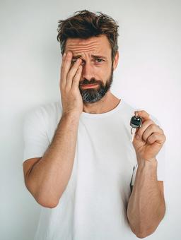 絶望的な表情の男性と鍵 絶望的な表情の男性と鍵の写真