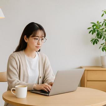 リモートワークする女性 リモートワークする女性の写真