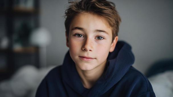 パーカーを着た外国人の男の子の写真