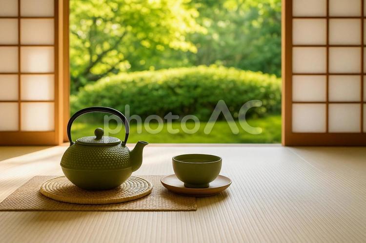 和室の緑の急須と茶碗と庭 和室,急須,茶碗の写真素材