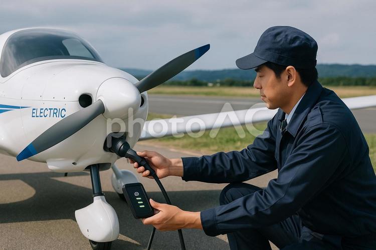 電動飛行機の充電作業をする作業着の男性 電動飛行機,充電,航空機の写真素材