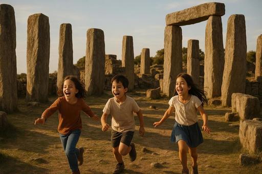 石の遺跡で遊ぶ子供たちの写真