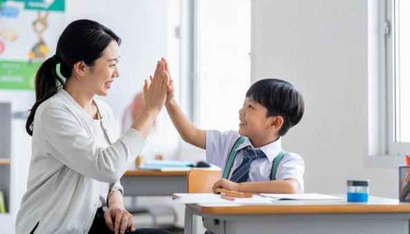 ハイタッチする塾講師と小学生の男の子 ハイタッチする塾講師と小学生の男の子の写真