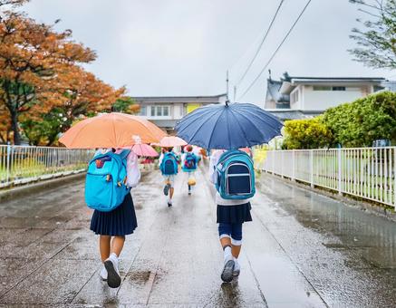 雨の日の小学生の登校風景 雨の日の小学生の登校風景の写真