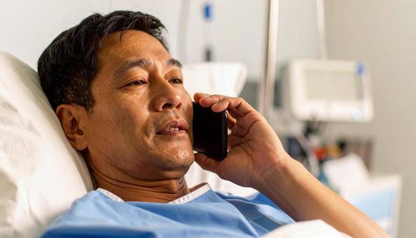 病室のベッドから携帯で話をする男性患者 病室のベッドから携帯で話をする男性患者の写真