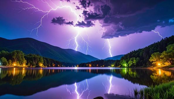 紫色に輝く夜空の稲妻 紫色に輝く夜空の稲妻の写真
