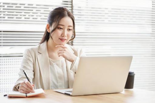 Asian woman taking notes, female, business woman, coworking space, JPG