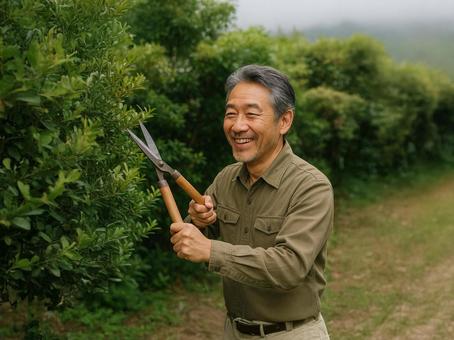 剪定している男性 剪定している男性の写真