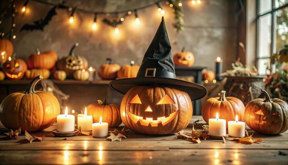 魔女の帽子を被ったジャックオランタンの写真