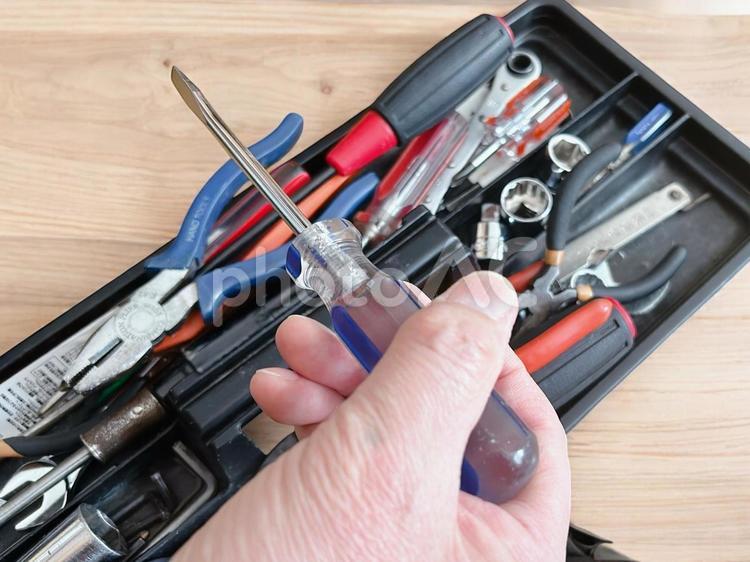 道具入れとマイナスドライバーを持つ人の手 人,手,道具入れの写真素材