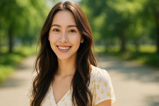 公園で微笑む美人女性・ロングヘア・笑顔 公園で微笑む美人女性・ロングヘア・笑顔の写真