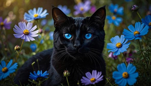 黒猫とコスモスの写真