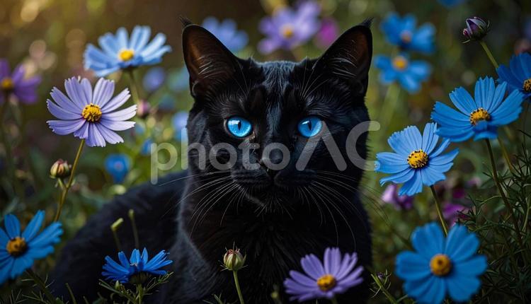 黒猫とコスモス 黒猫,猫,動物の写真素材