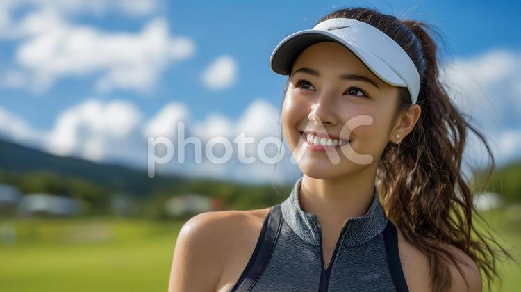 ゴルフ場で空を見上げる女性 ゴルフ,女性,スポーツの写真素材