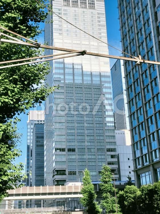 大きなビルの根元を通る特急列車 ビル,ビジネス,木の写真素材