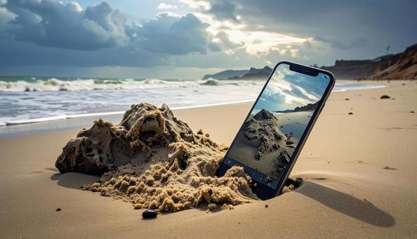 砂に埋まったスマートフォン 砂に埋まったスマートフォンの写真