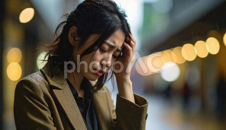 頭を抱えて落ち込む日本人女性 女性,ビジネスウーマン,キャリアウーマンの写真素材