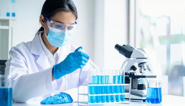 研究所で実験をする女性の研究者 研究所で実験をする女性の研究者の写真