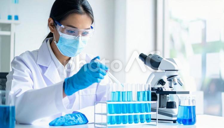 研究所で実験をする女性の研究者 試薬,フラスコ,マスクの写真素材
