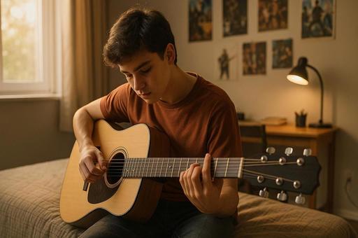 ギターに夢中な少年の写真