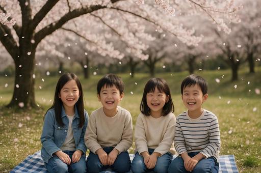 桜の下で笑う子供たちの写真