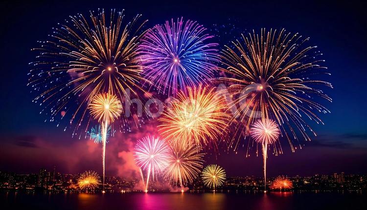 夜空にあがる打ち上げ花火　風物詩 花火,花火大会,打上花火の写真素材