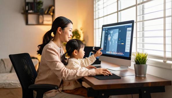 A mother working remotely and looking at a computer with her child, computer, screen, child, JPG