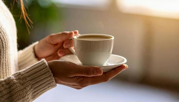 コーヒーカップを手にする女性の手 コーヒーカップを手にする女性の手の写真