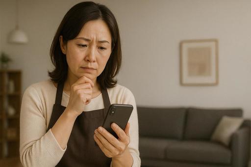 スマホを見て悩む主婦 スマホを見て悩む主婦の写真