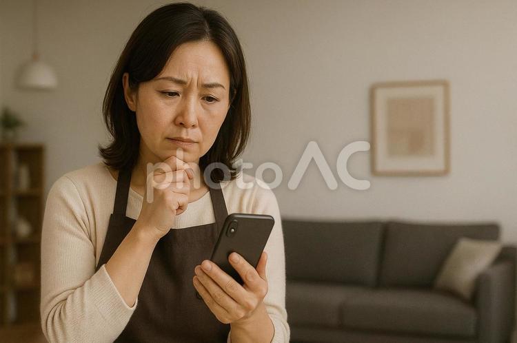 スマホを見て悩む主婦 女性,主婦,スマホの写真素材