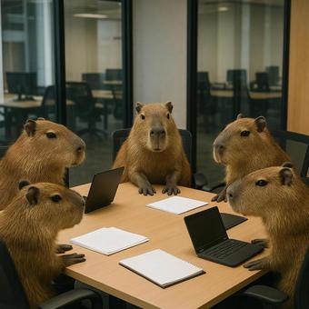 会議室で集まるカピバラ 会議室で集まるカピバラの写真
