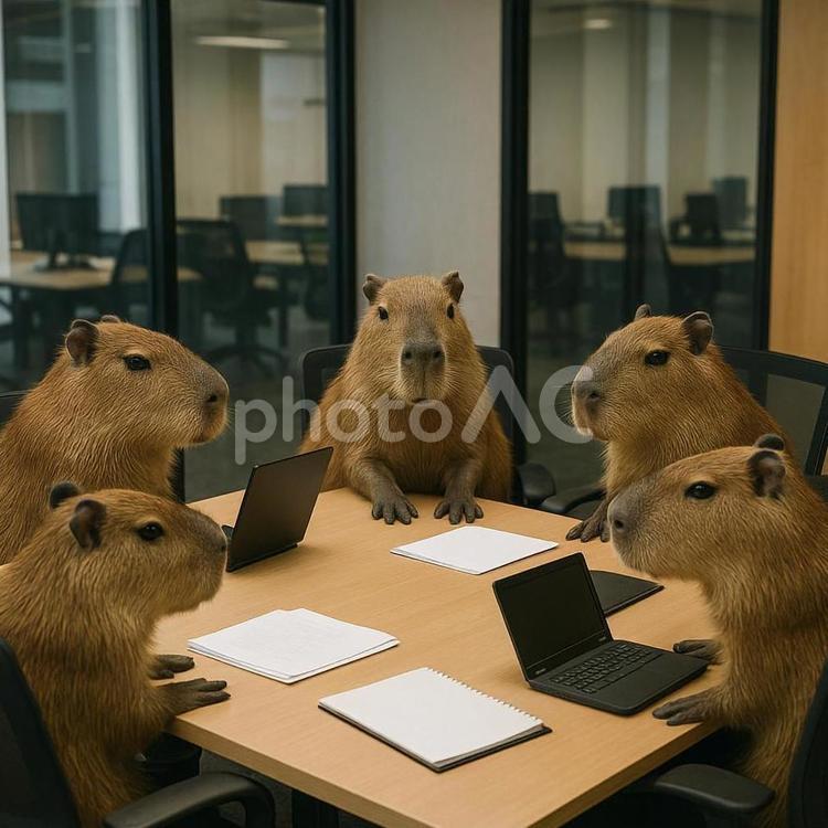 会議室で集まるカピバラ カピバラ,会議,オフィスの写真素材