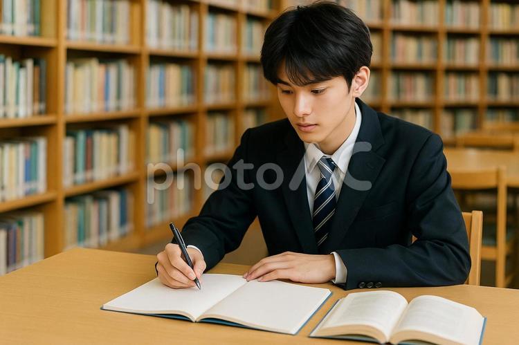 図書館で勉強する男子高校生 図書館,高校生,男子学生の写真素材