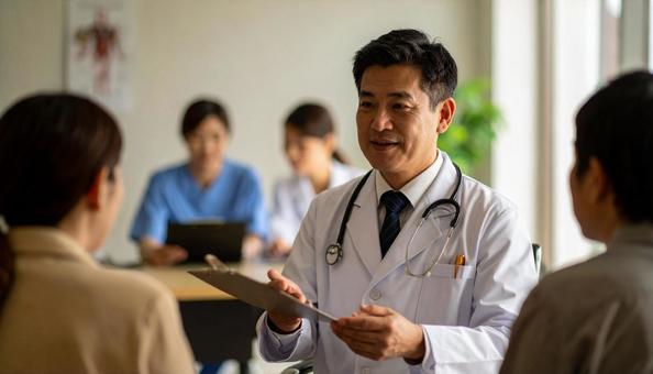 入院患者と家族に説明をする男性医師 入院患者と家族に説明をする男性医師の写真