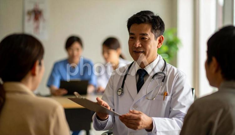 入院患者と家族に説明をする男性医師 インフォームドコンセント,相談,健康の写真素材