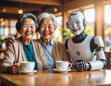 老人とAIサイボーグの温かいティータイム 老人とAIサイボーグの温かいティータイムの写真